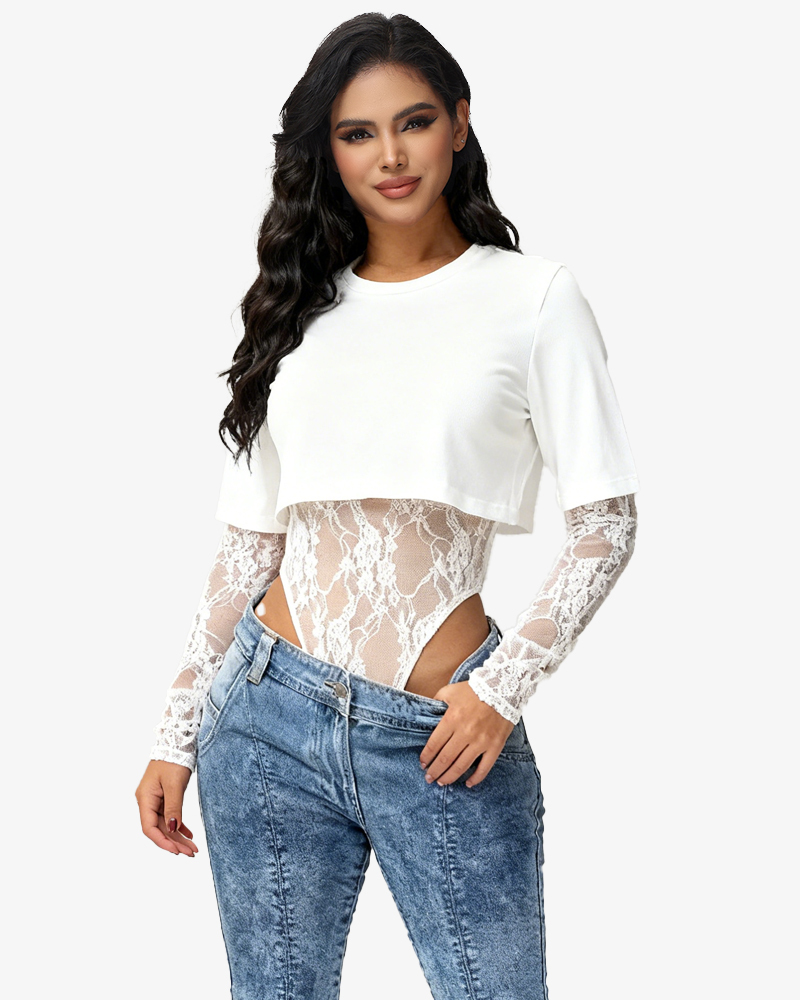 Lace Bodysuit T-Shirt Two-Piece Set