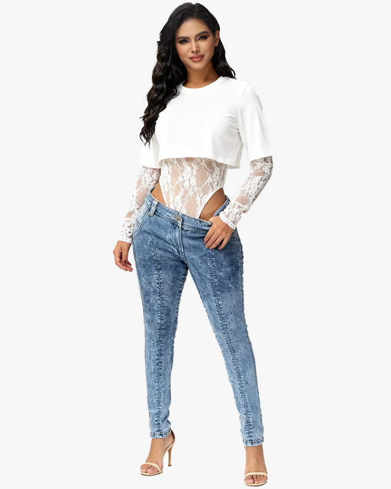 Lace Bodysuit T-Shirt Two-Piece Set