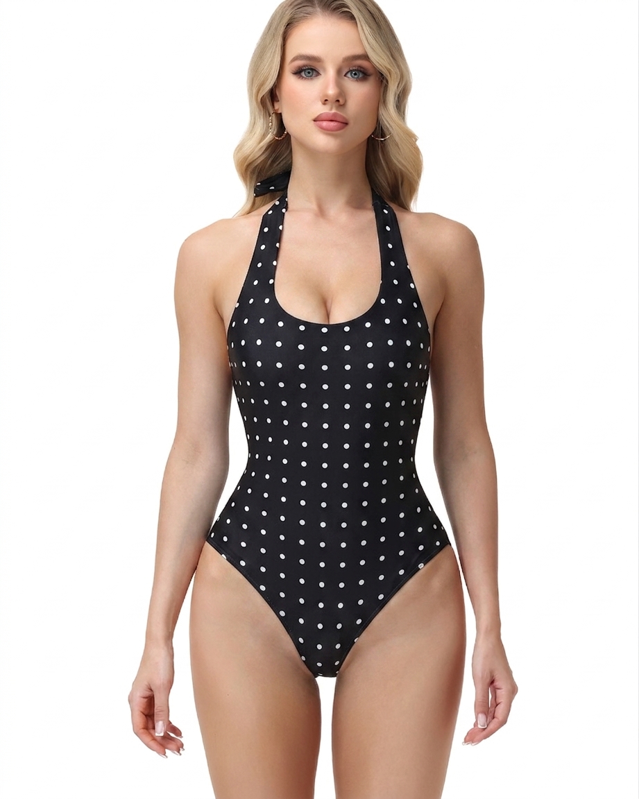 Vintage Polka Dot Lace-Up Corset Bodysuit Halter Neck Backless Top