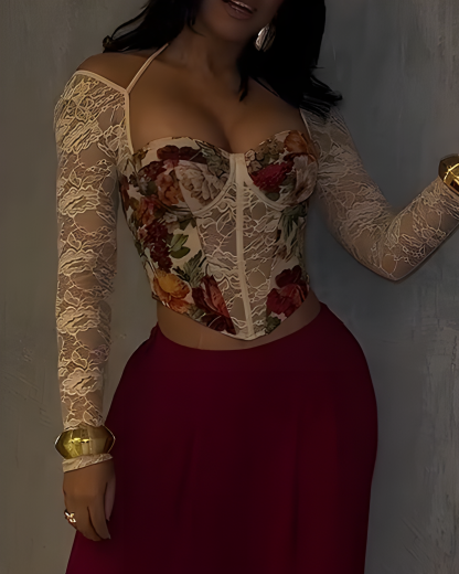 Sexy Printed Lace Panel Long Sleeve Corset Top