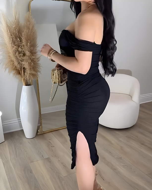 Sheer Mesh Ruched Off-the-Shoulder Bodycon Dress