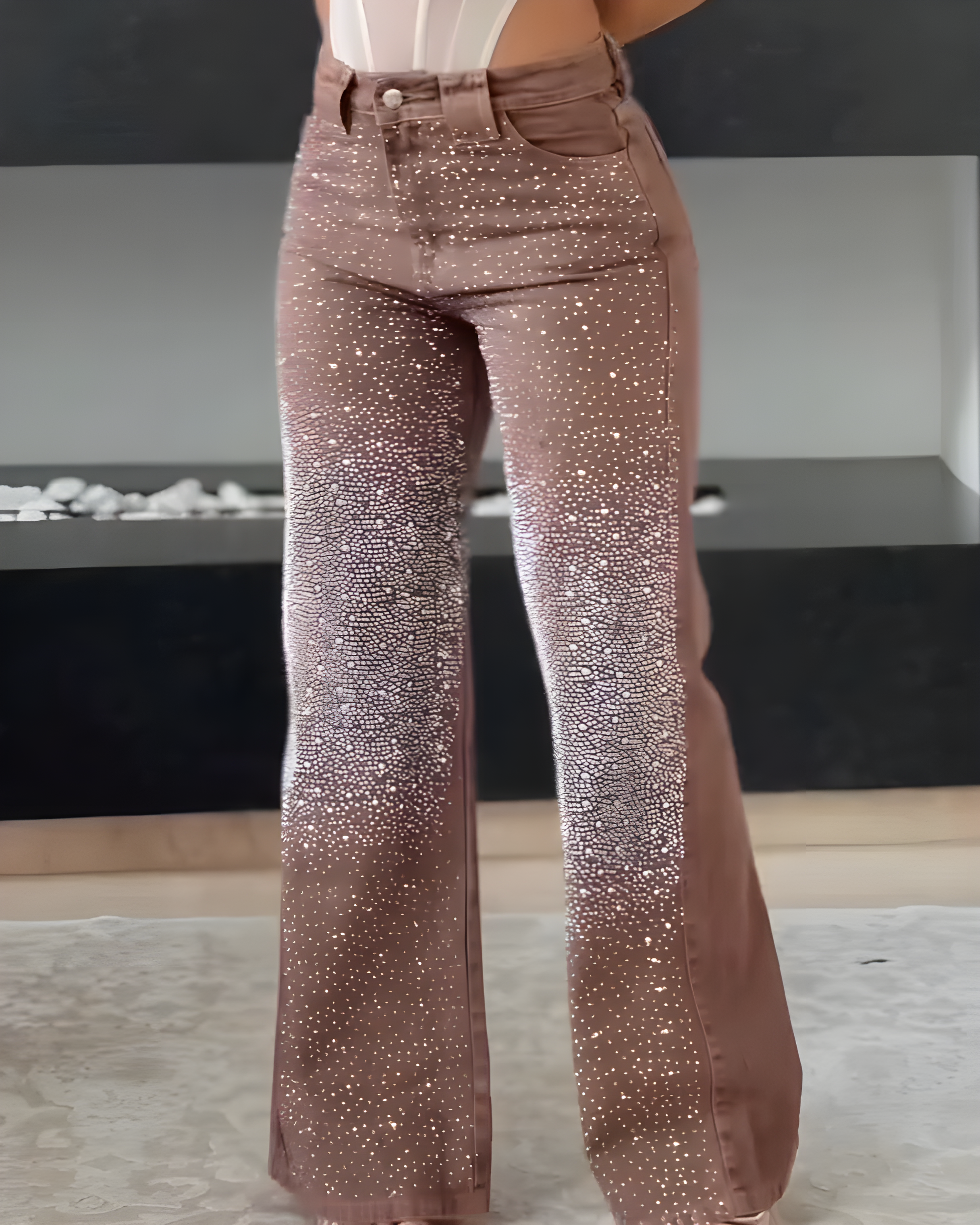 Sparkling Rhinestone Fashion Slim-Fit Wide-Leg Jeans