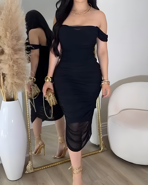 Sheer Mesh Ruched Off-the-Shoulder Bodycon Dress