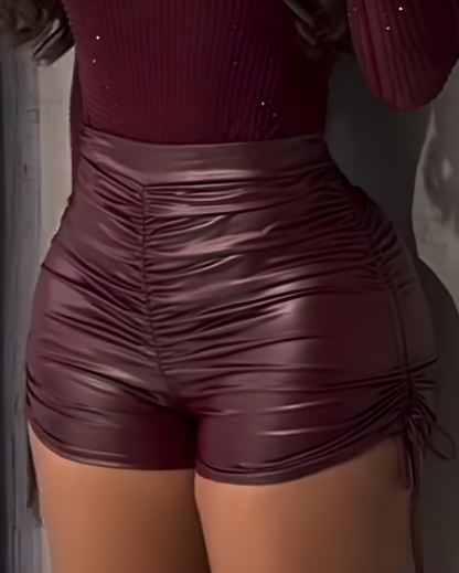 Sexy Women's Drawstring High-Waisted Ruched Leather Shorts