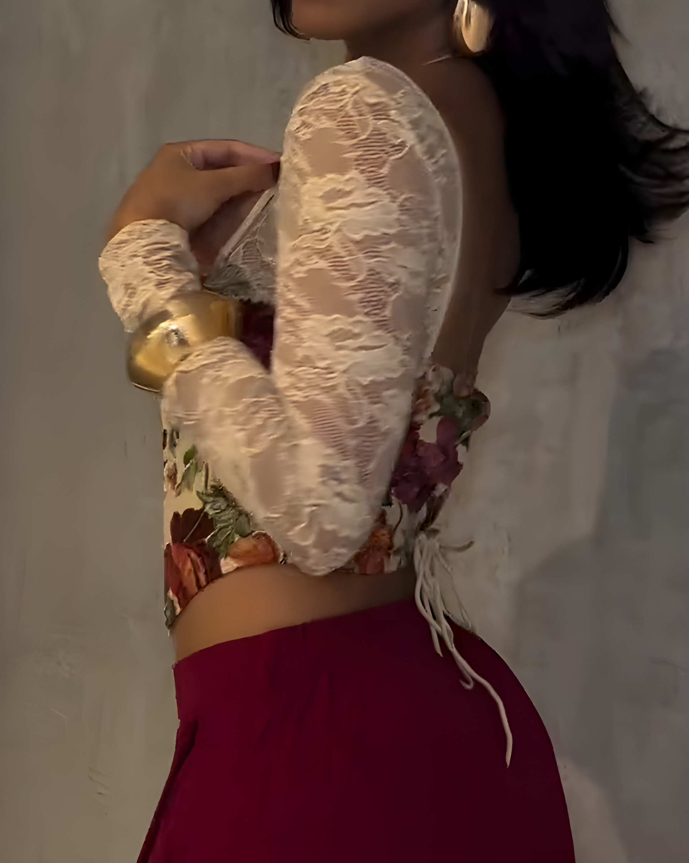 Sexy Printed Lace Panel Long Sleeve Corset Top