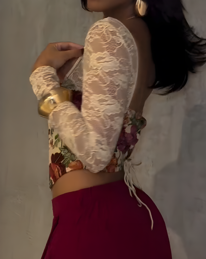 Sexy Printed Lace Panel Long Sleeve Corset Top
