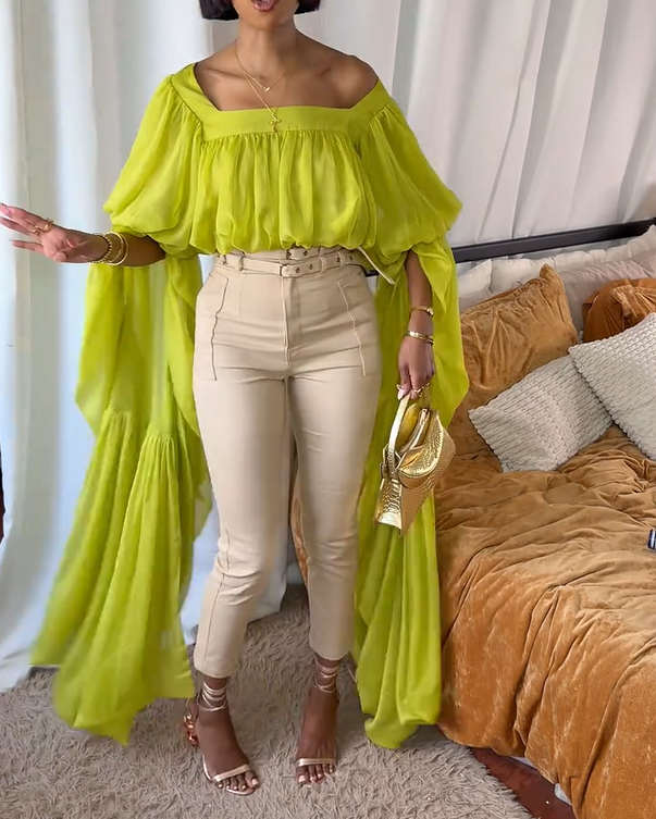 Square Neck Chiffon Ruffled Puff Sleeve Bubble Crop Top