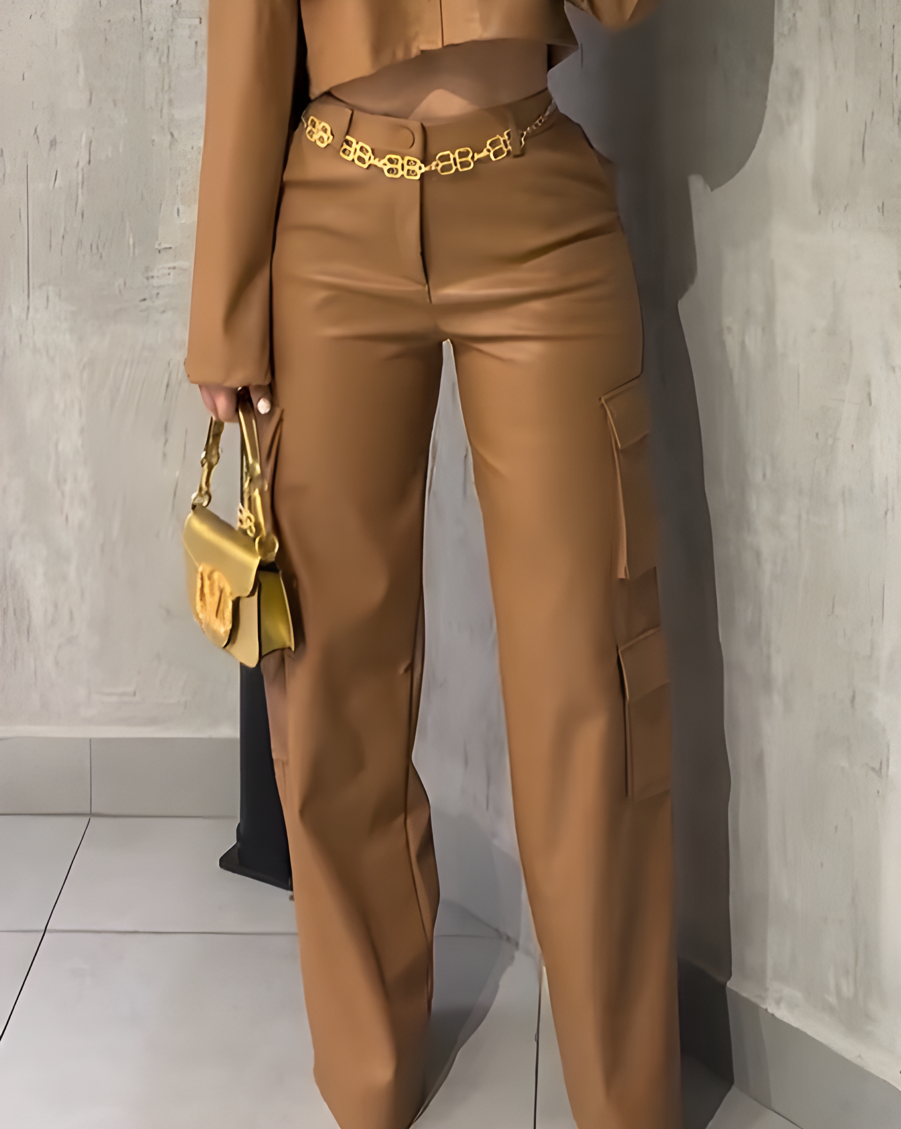 Women's Cargo Style Wide-Leg Leather Pants