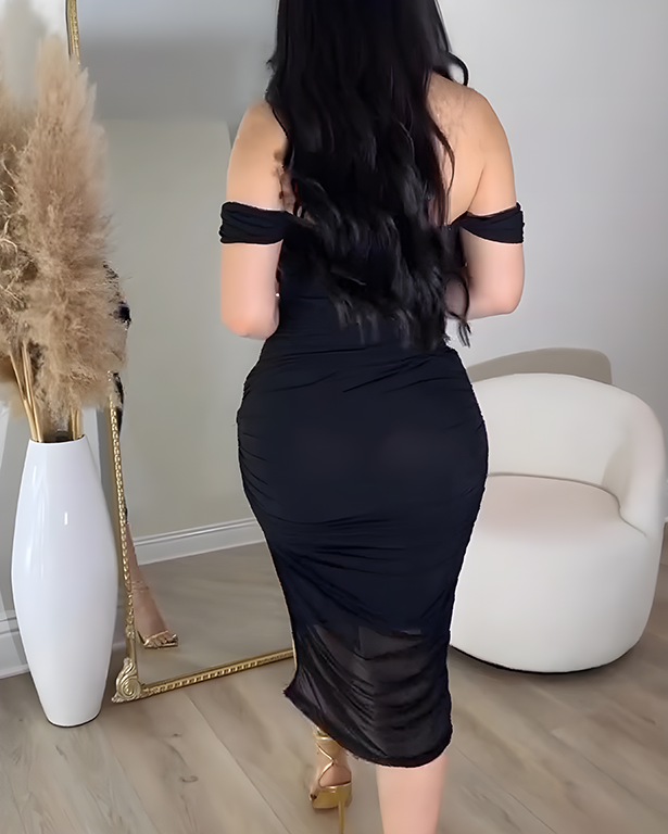 Sheer Mesh Ruched Off-the-Shoulder Bodycon Dress