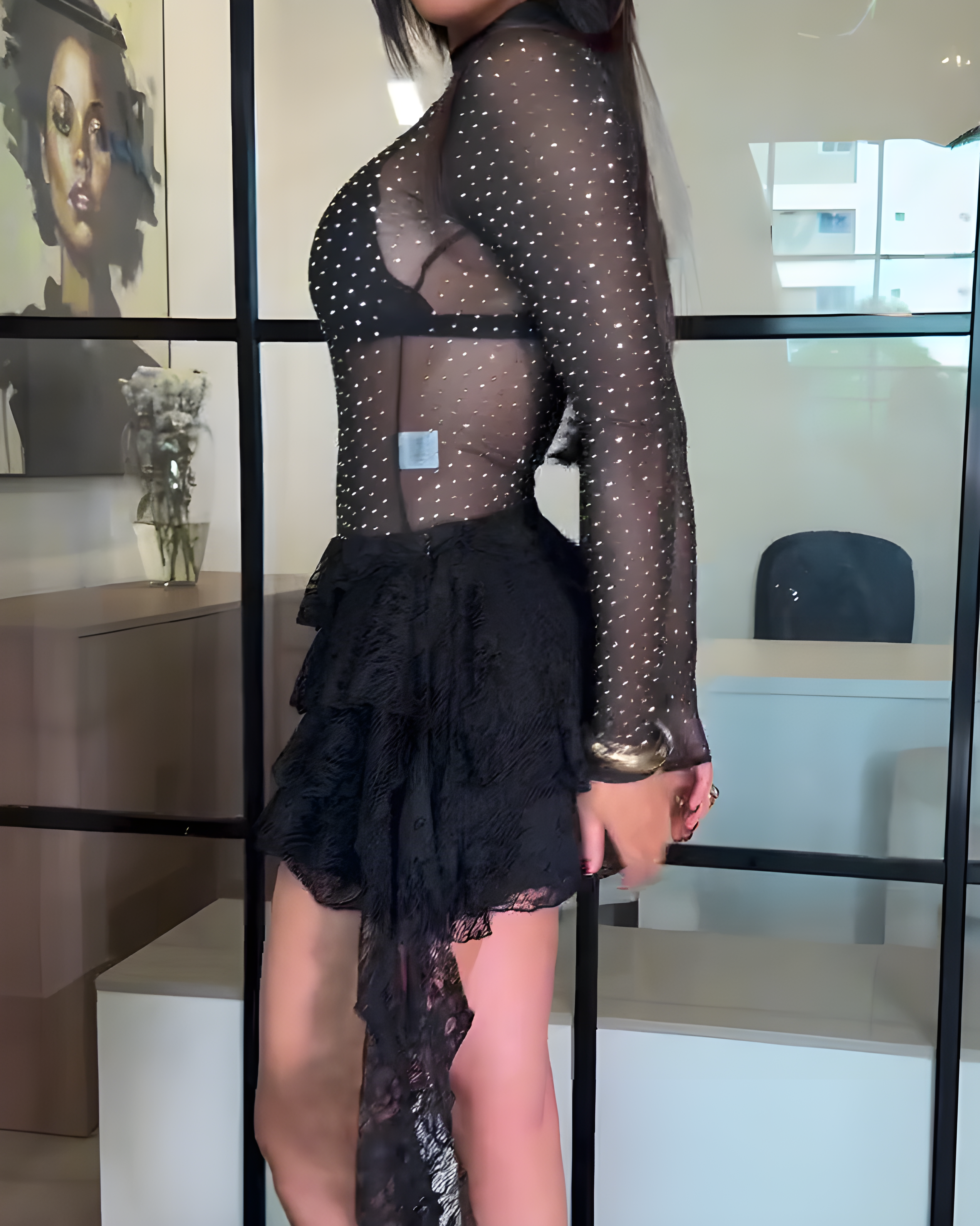 Women's Mesh Sparkling Top Lace Skirts 2 Piece Set