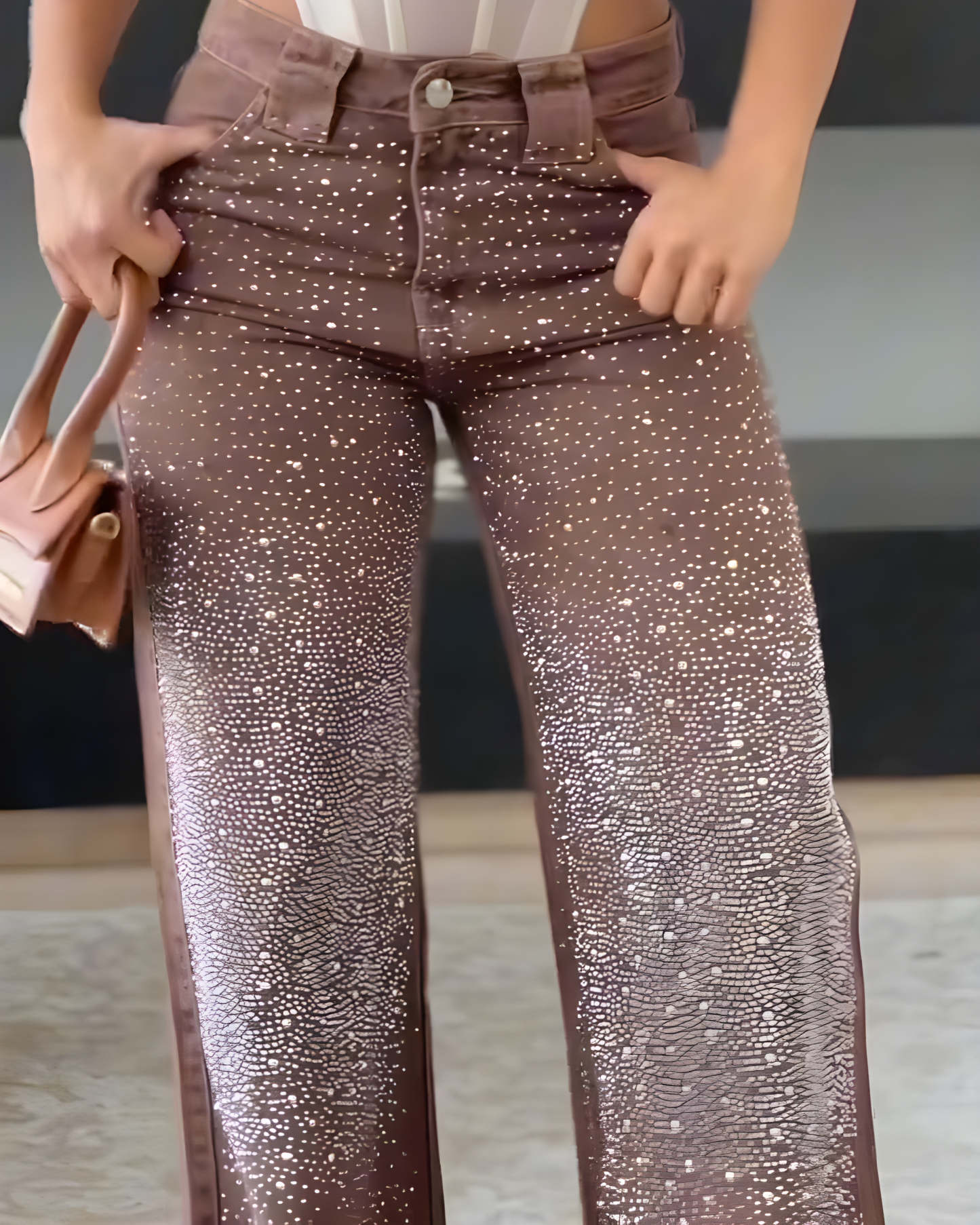 Sparkling Rhinestone Fashion Slim-Fit Wide-Leg Jeans