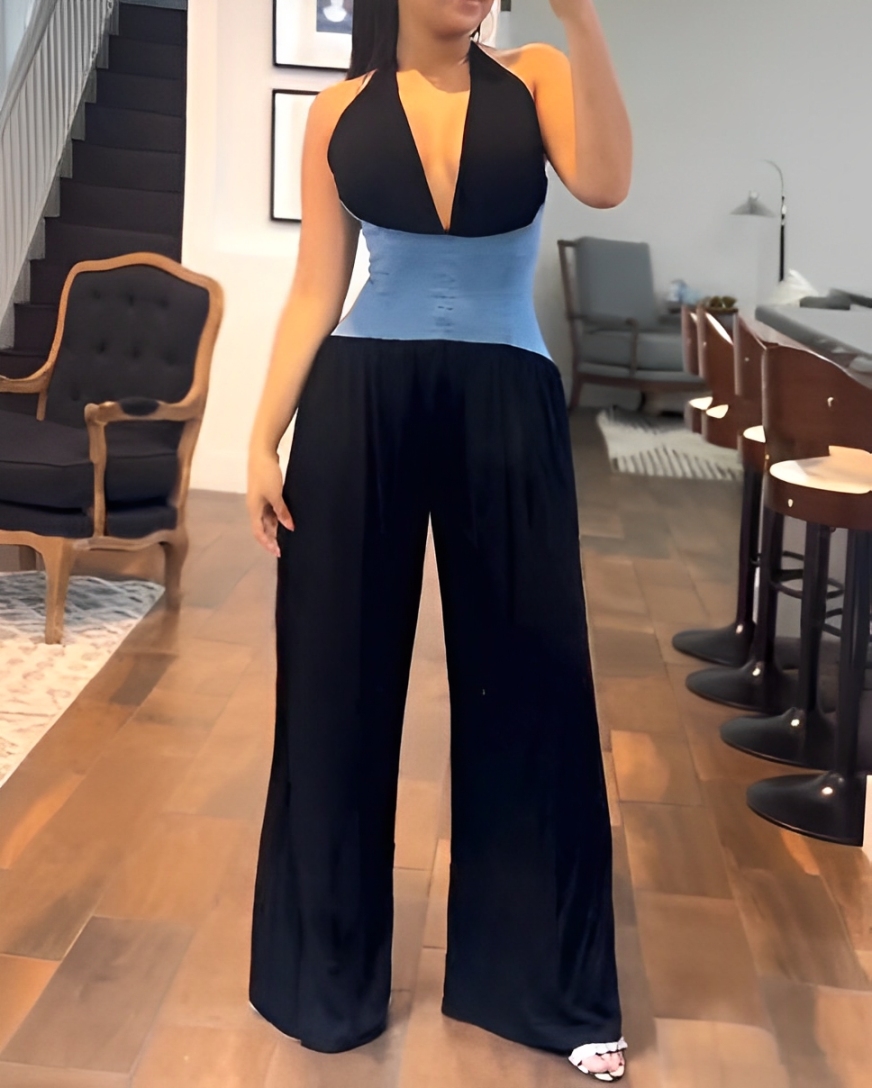 Women's Fashion Halter Neck Waist Wide Leg Jumpsuit