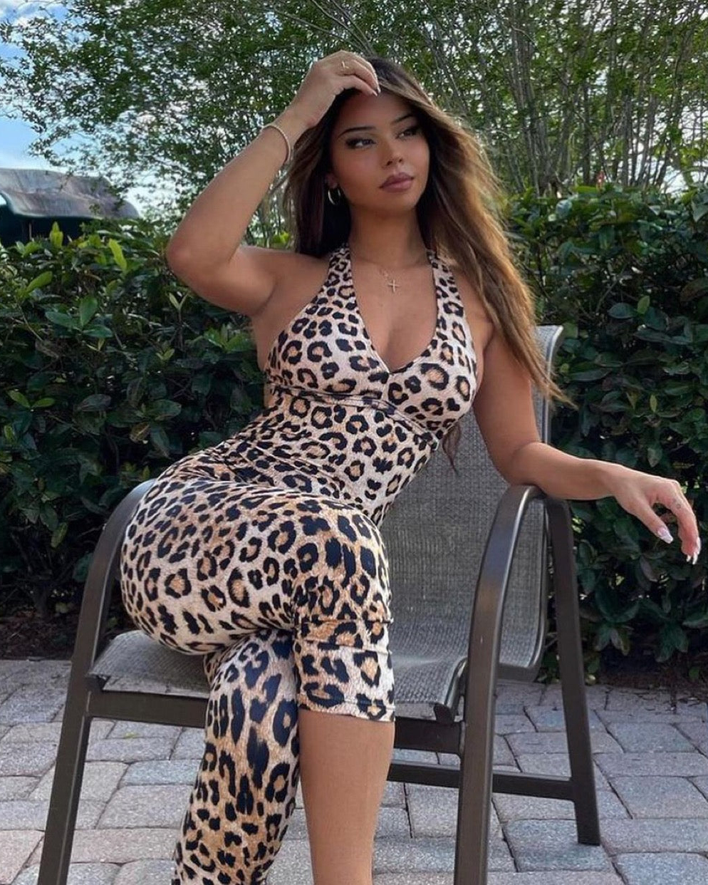 Women's Sexy Backless Leopard Skiny Jumpsuit