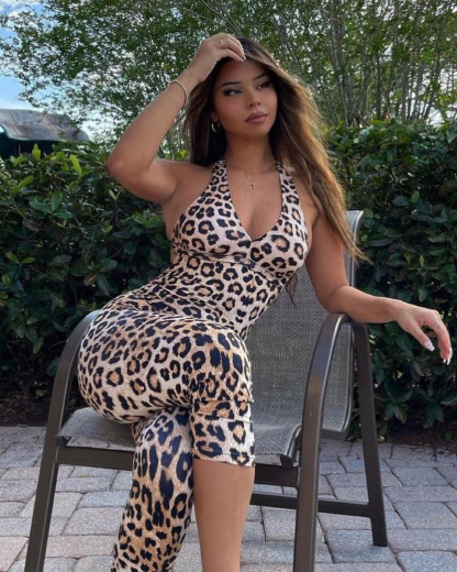 Women's Sexy Backless Leopard Skiny Jumpsuit