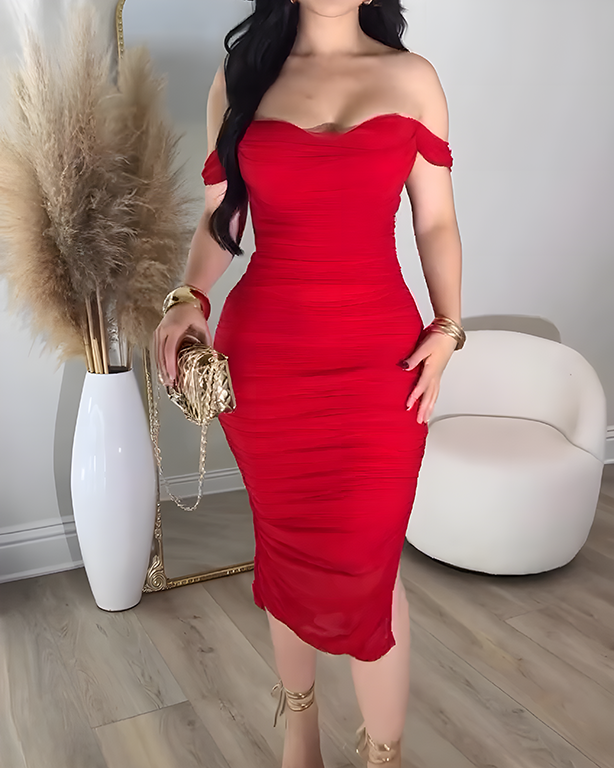 Sheer Mesh Ruched Off-the-Shoulder Bodycon Dress