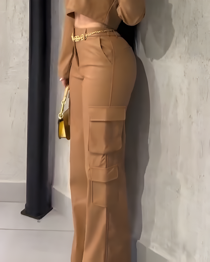 Women's Cargo Style Wide-Leg Leather Pants