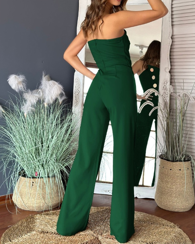 Sexy Tube Top Button-Decorated Flared Jumpsuit