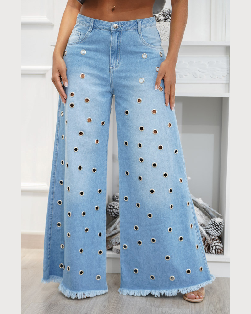 High Waist Palazzo Eyelet Wide-leg Jeans