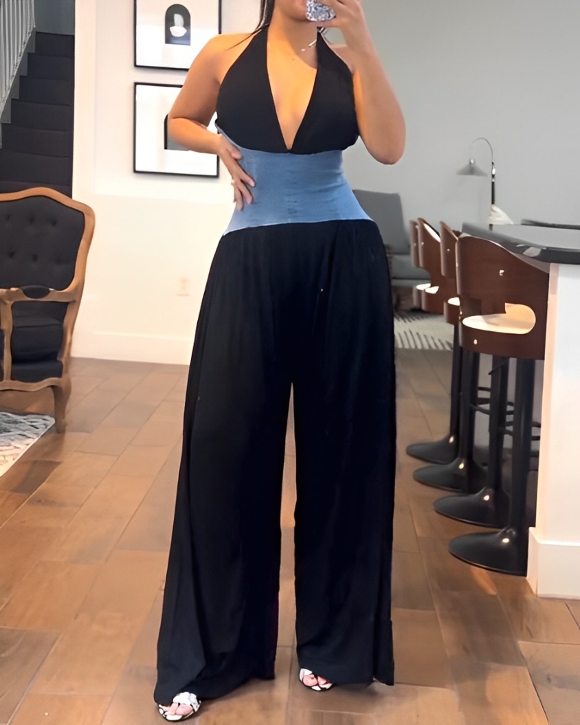 Women's Fashion Halter Neck Waist Wide Leg Jumpsuit