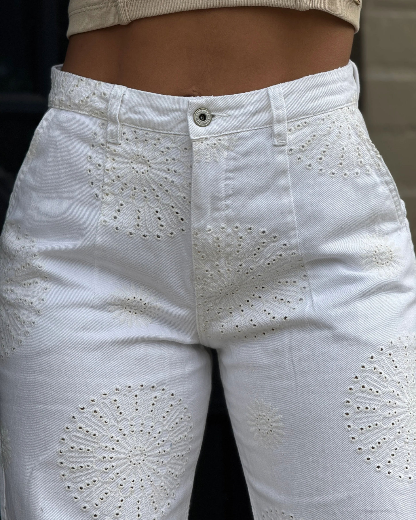 Loose-Fitting Straight-Leg Pants With Eyelet Texture