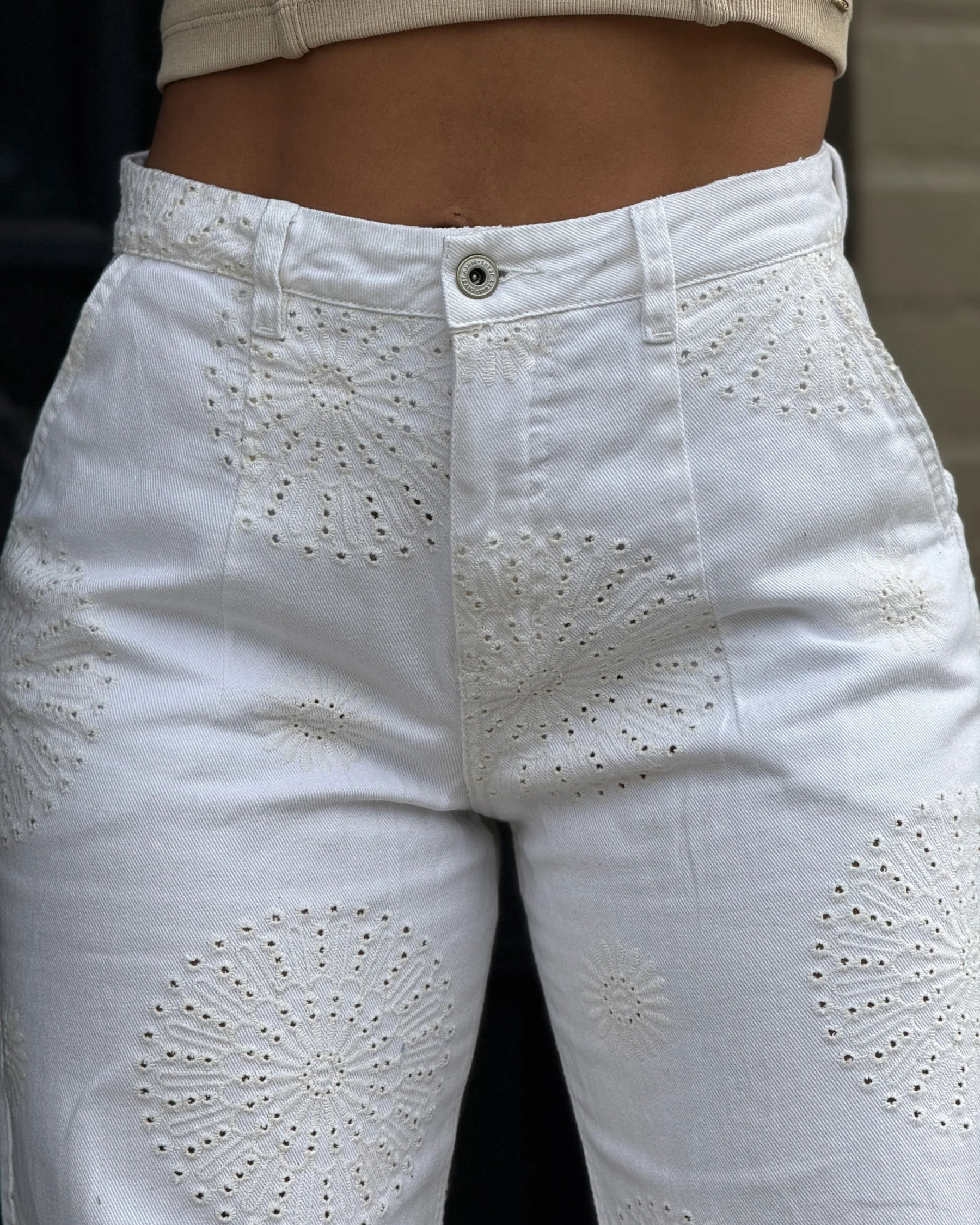 Loose-Fitting Straight-Leg Pants With Eyelet Texture