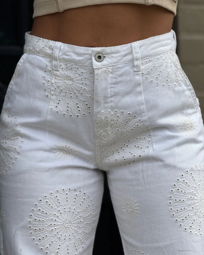 Loose-Fitting Straight-Leg Pants With Eyelet Texture