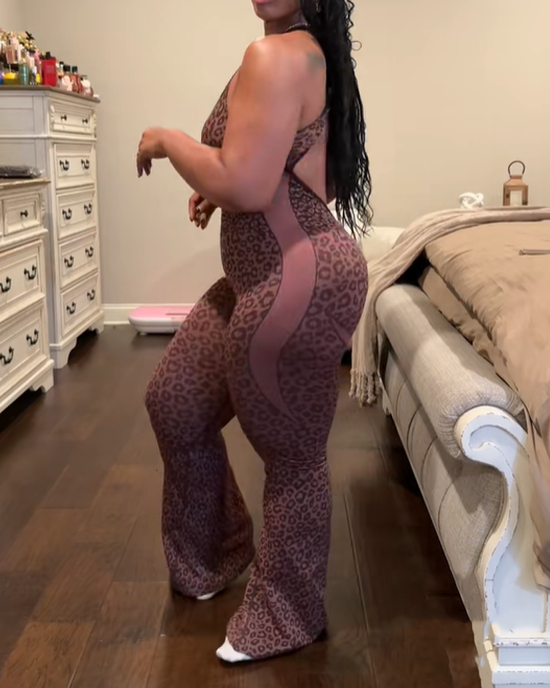 Leopard Print Criss-Cross Backless Seamless Flared Jumpsuit