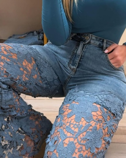 New See Through Lace Slim Straight Leg Jeans