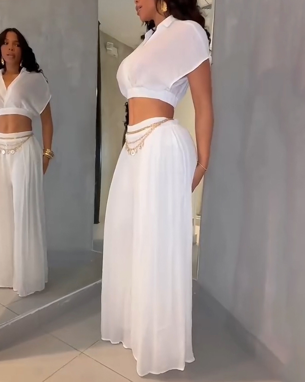 Casual Lapel Cropped Top Wide Leg Pants 2-Piece Set