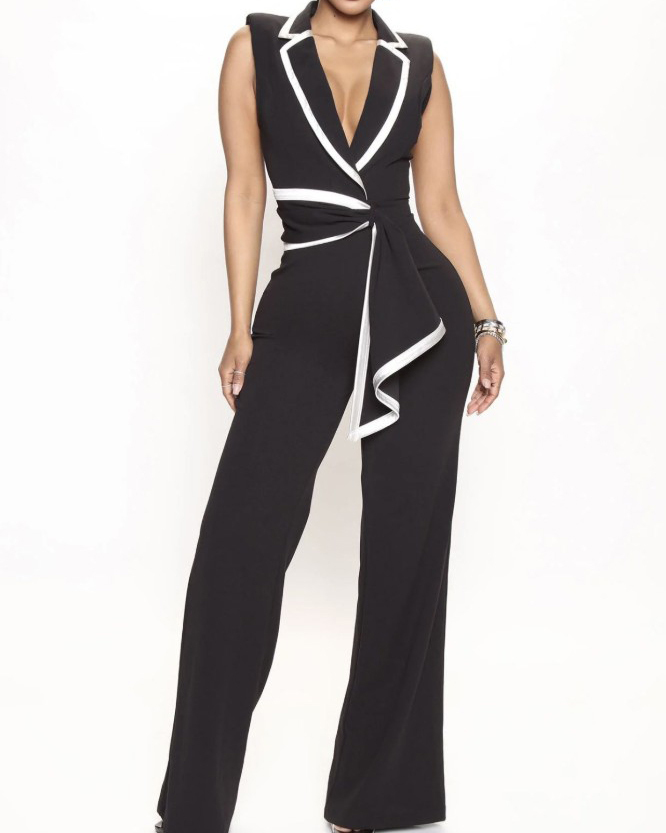 V-Neck Splicing Sleeveless Wide-Leg Jumpsuit