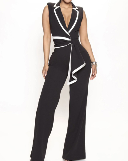 V-Neck Splicing Sleeveless Wide-Leg Jumpsuit