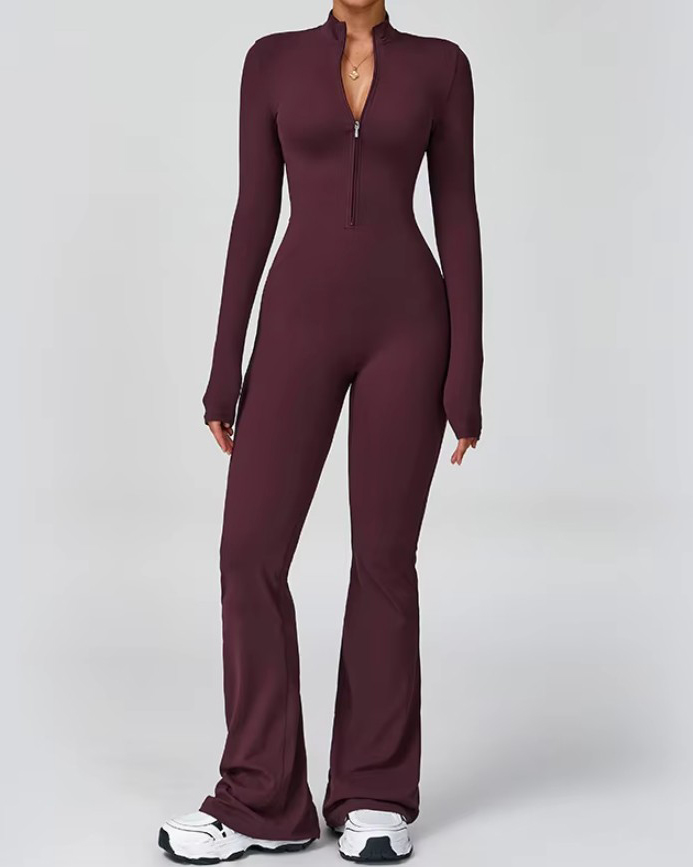 Front Zip Long Sleeve Bodycon Flare Jumpsuit