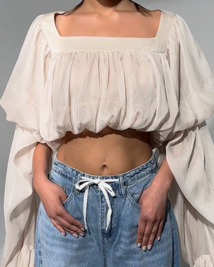 Square Neck Chiffon Ruffled Puff Sleeve Bubble Crop Top