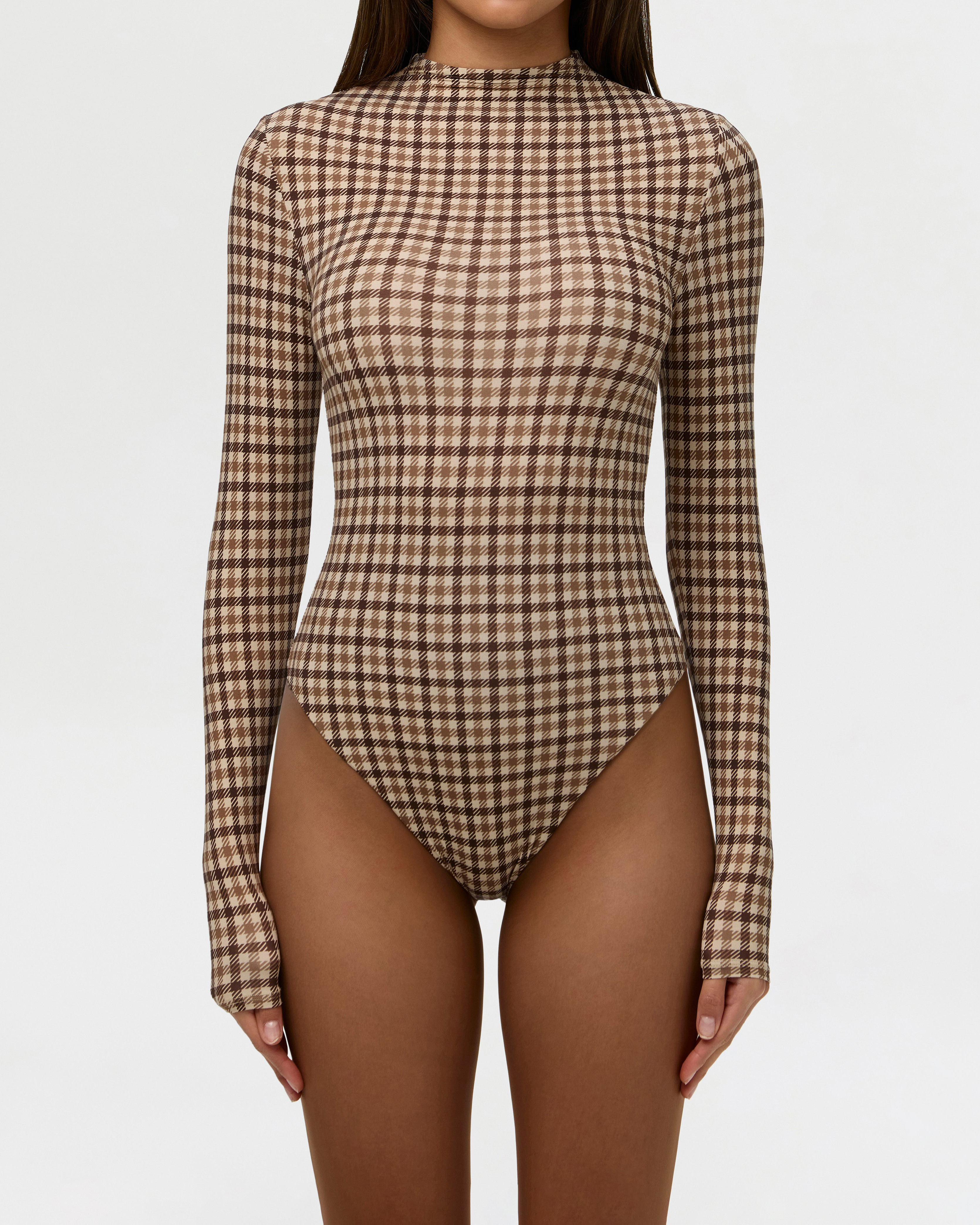 Brown Plaid Mock Neck Long Sleeve Bodysuit