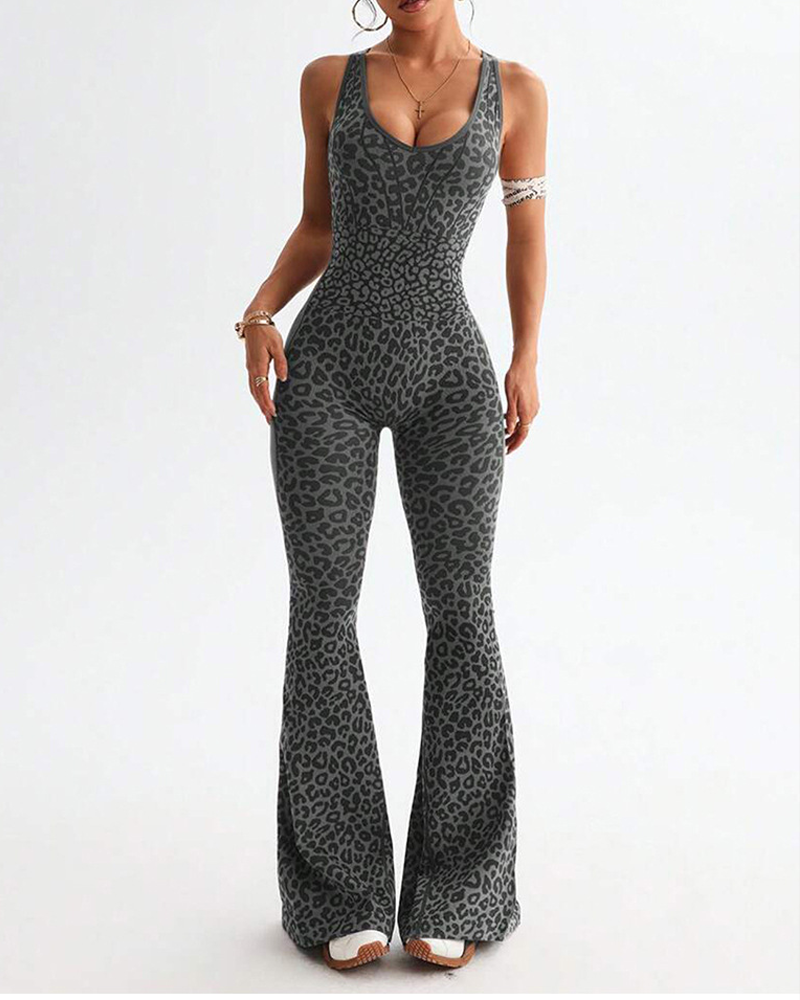 Leopard Print Criss-Cross Backless Seamless Flared Jumpsuit