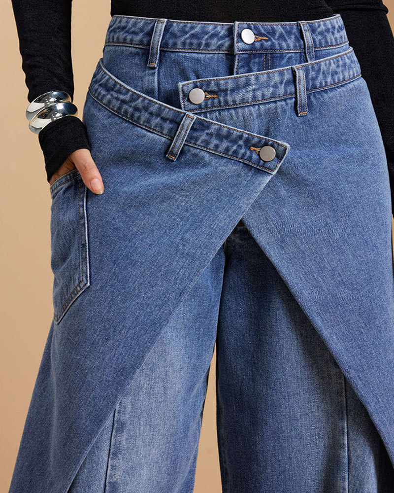 Denim Cross-Front Asymmetric Button Wide-leg Jeans