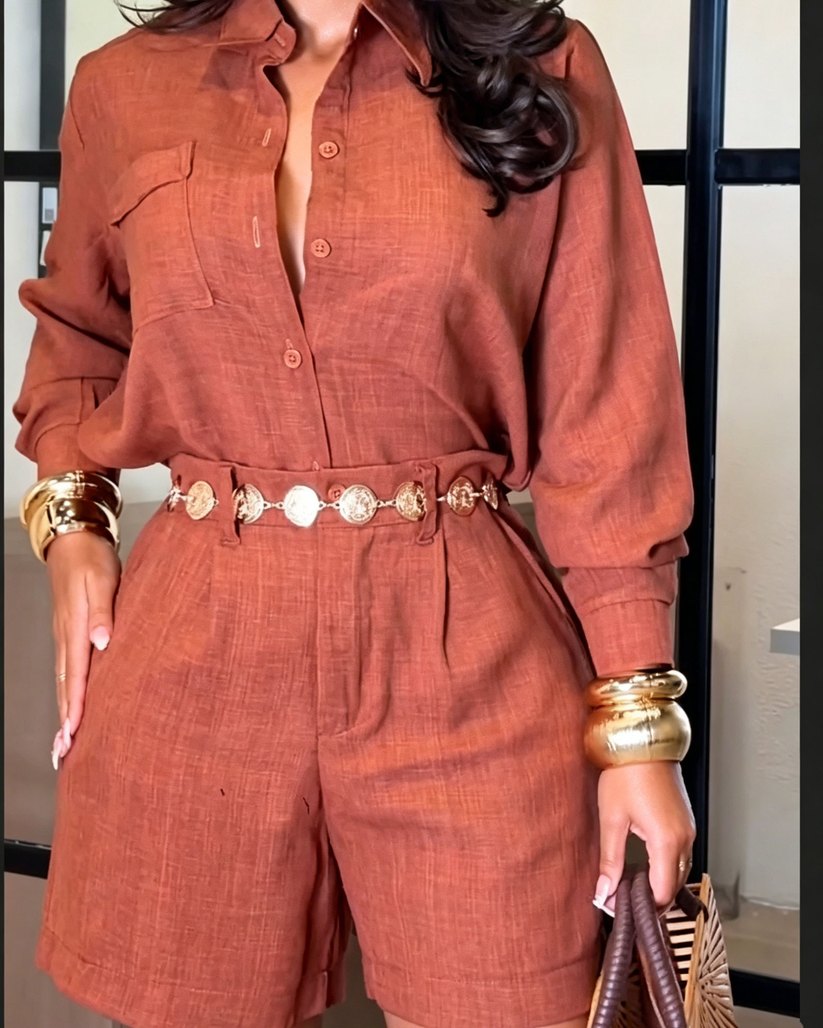 Long Sleeve Button-Down Shirt & High-Waisted Tailored Shorts Two-Piece Set