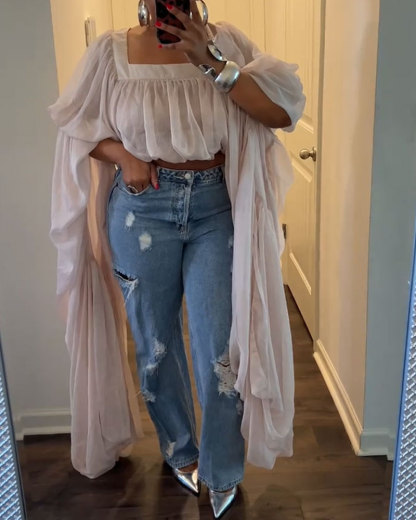 Square Neck Chiffon Ruffled Puff Sleeve Bubble Crop Top