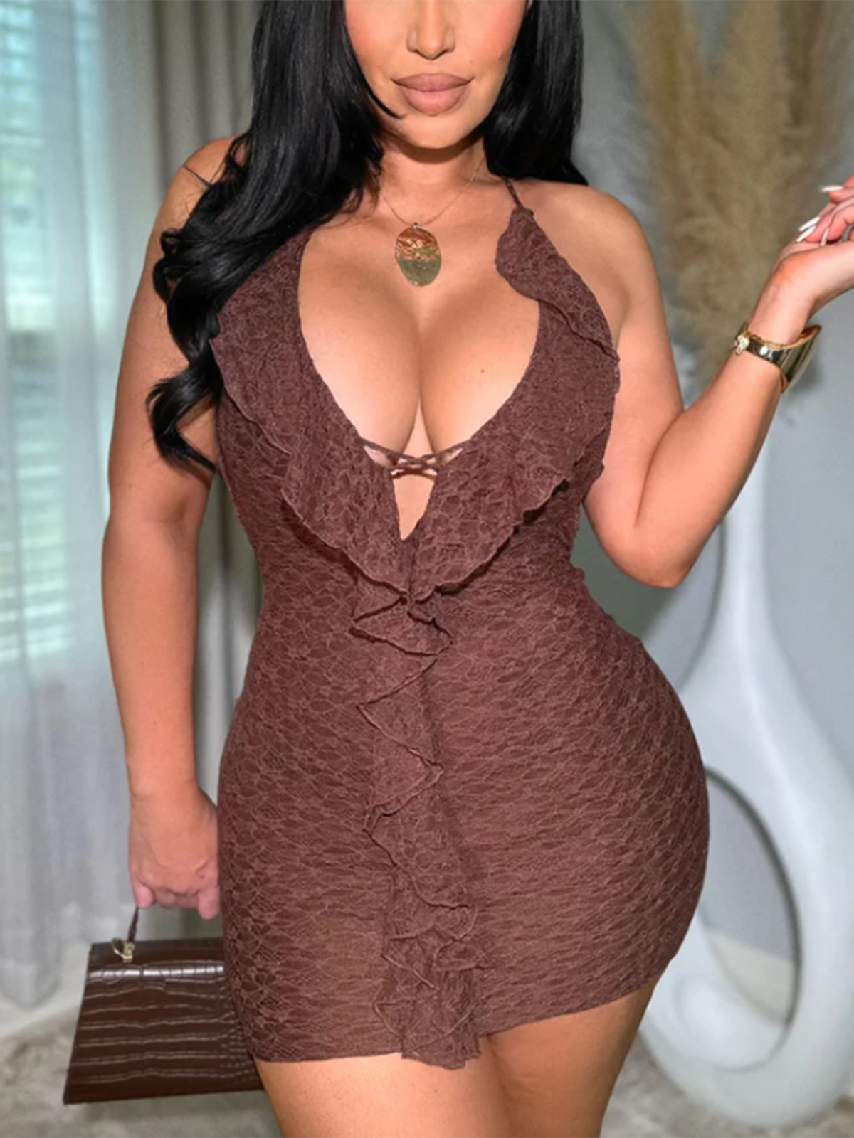 Open Collar Ruffled Lace Design Halter Neck Strappy Lace Dress With Slim Fit