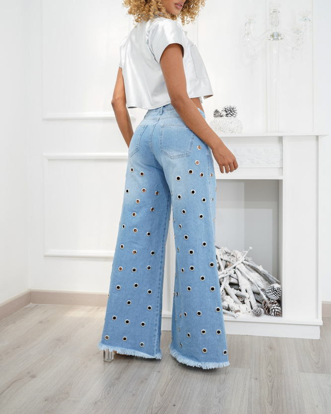 High Waist Palazzo Eyelet Wide-leg Jeans