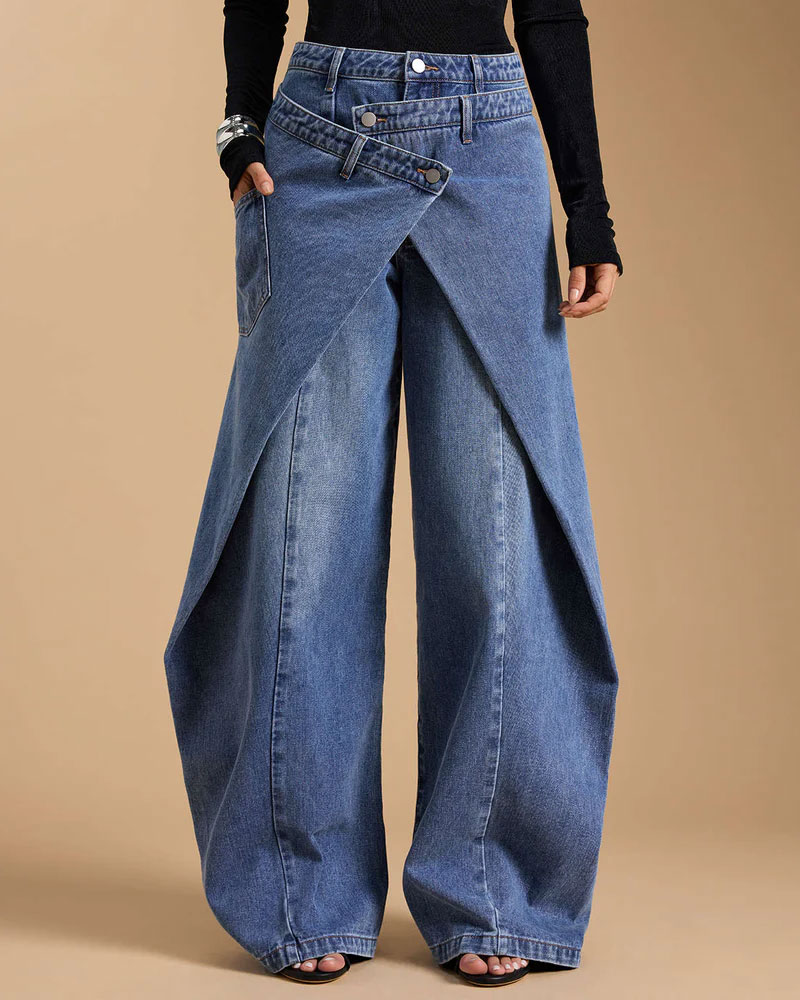 Denim Cross-Front Asymmetric Button Wide-leg Jeans