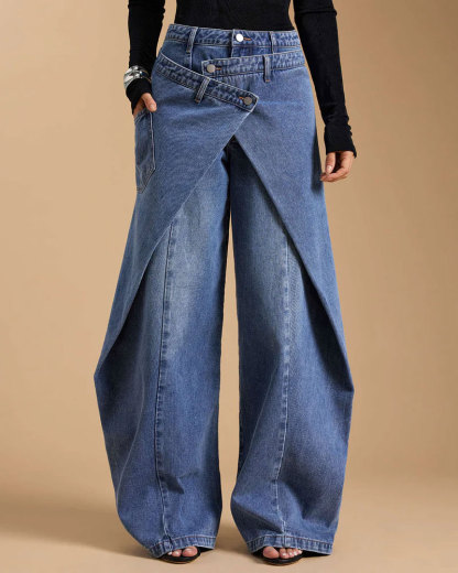 Denim Cross-Front Asymmetric Button Wide-leg Jeans