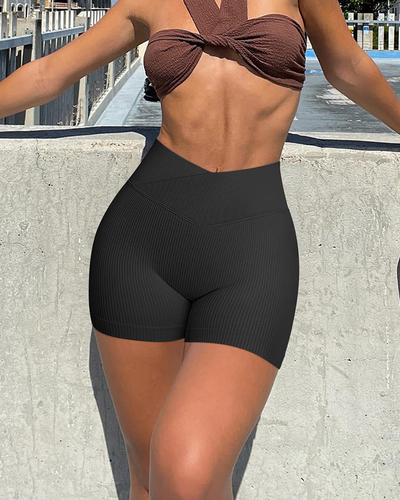 Ribbed Workout High Waisted Athletic Leggings Slim Fit Shorts