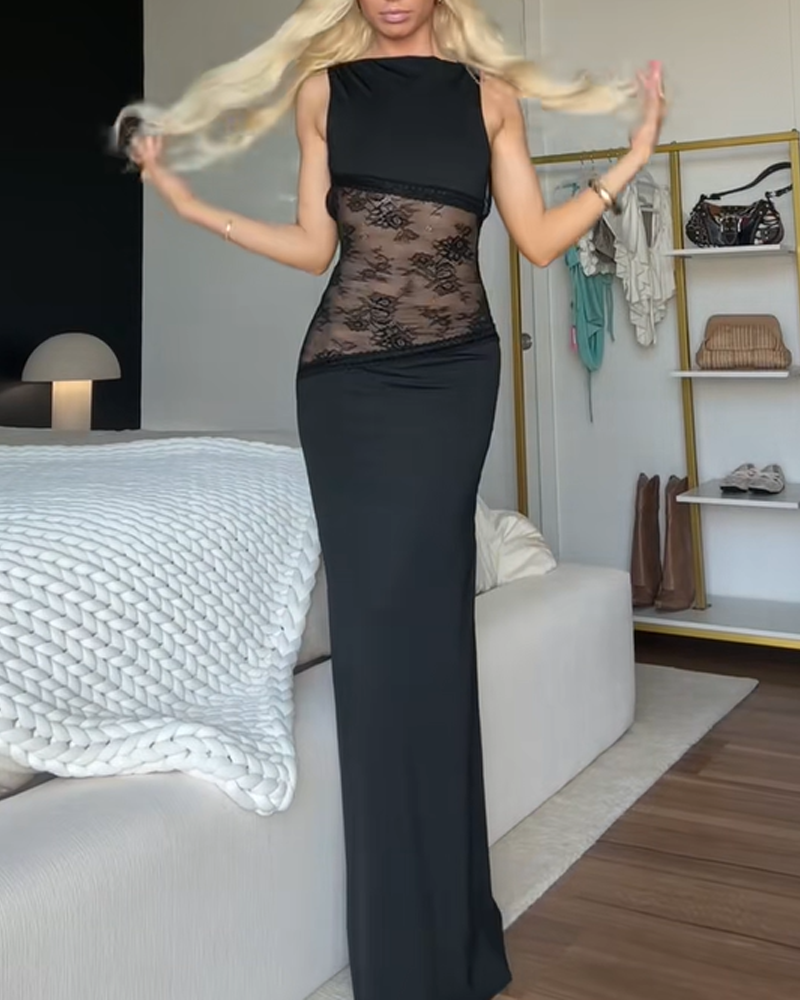 Sexy Slim Lace Satin Patchwork Backless Maxi Dress