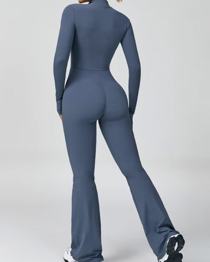 Front Zip Long Sleeve Bodycon Flare Jumpsuit