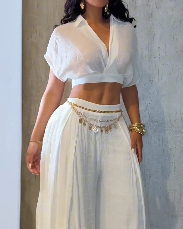 Casual Lapel Cropped Top Wide Leg Pants 2-Piece Set