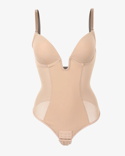 Deep V-Neck Backless Mesh Slimming Thong Bodysuit