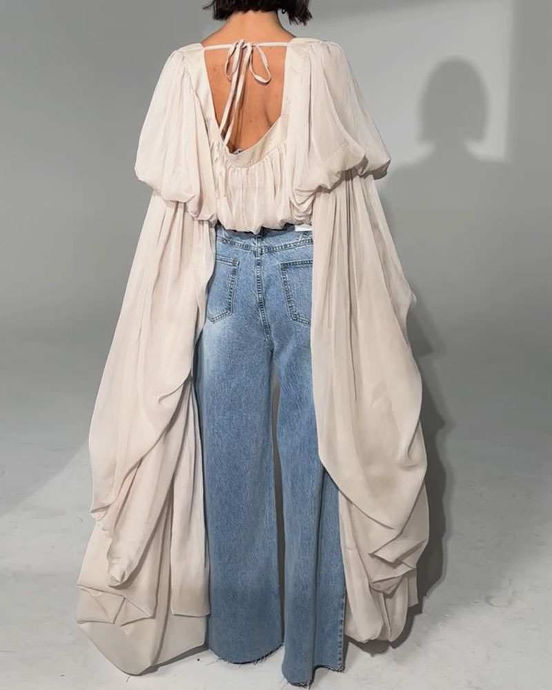 Square Neck Chiffon Ruffled Puff Sleeve Bubble Crop Top