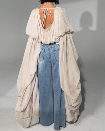 Square Neck Chiffon Ruffled Puff Sleeve Bubble Crop Top