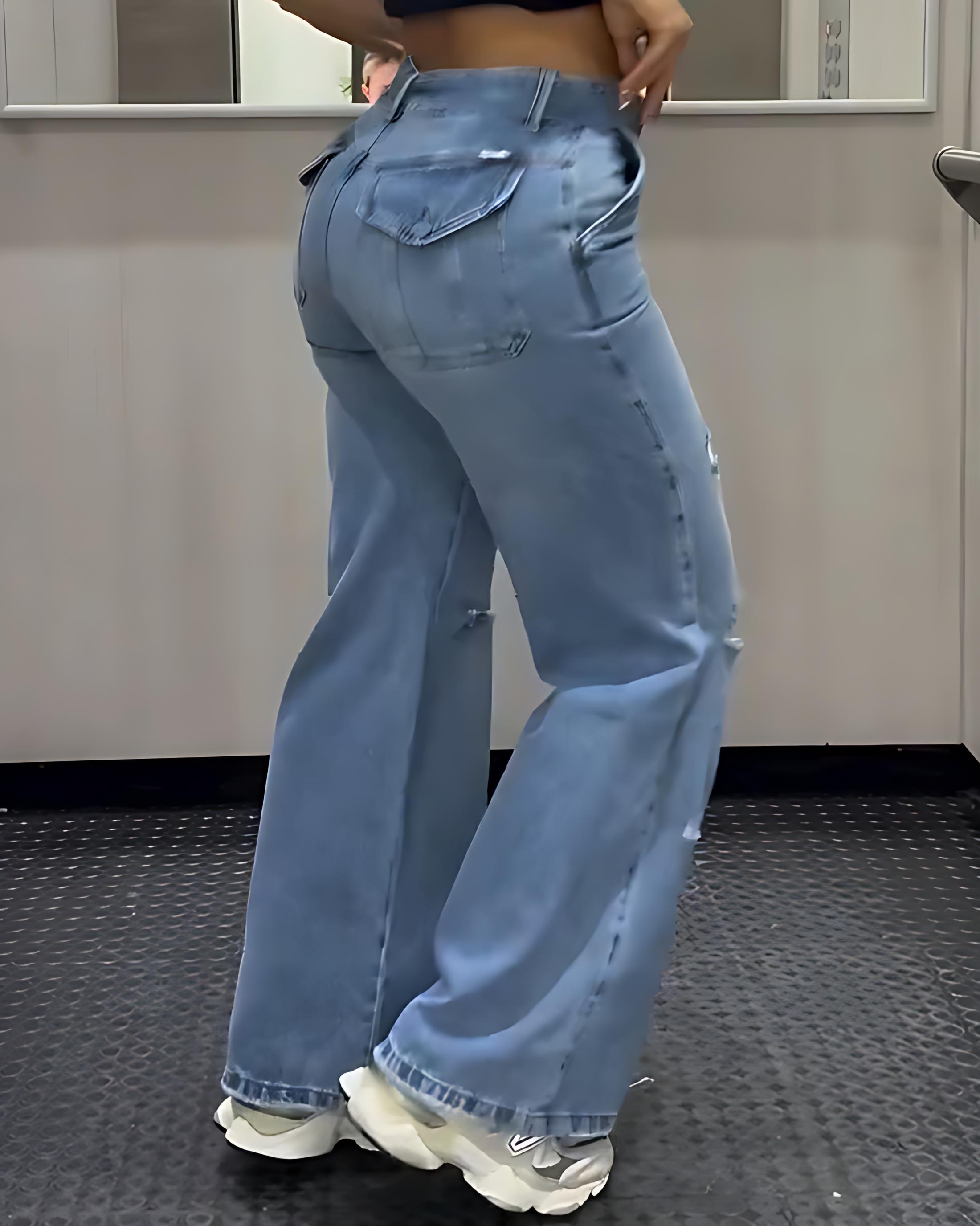 Fashion High Waist Ripped Wide Leg Jeans